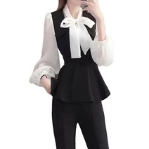 셀럽당 여성용 리본 슬림 상의+정장 나팔바지 투피스 가을 상하의 세트