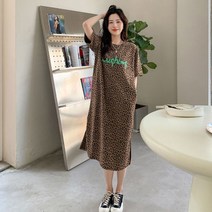 여름 여성 반팔 원피스 라운드넥 옆트임 루즈핏 빅사이즈 레오파드 프린트 티셔츠 원피스