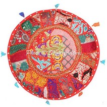 Stylo Culture 에스닉 푸프 풋스툴 커버 라운드 패치워크 자수 오토만 레드 코튼 플로럴 전통 가구 시트 퍼프 (55.9x55.9x35.6cm) 빈백 홈 데코 거실 1408