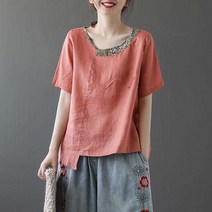 라운드넥반팔티 단아한 클래식 면린넨 t셔츠 여성 여름옷 아플리케 패치워크 빅사이즈 와이드 루즈핏 슬림핏 2143290864