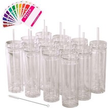 STRATA CUPS 24팩 스키니 클리어 텀블러 뚜껑과 빨대 벌크 포함 473 2ml 이중벽 화이트 아크릴 클리너 및 이름표 투명 재사용 가능한 컵 파티용 대형 미국직송, 24 Count (Pack of 1)