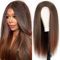 가발 Long Brown Kinky Straight Wigs for Women Yaki Glueless Synthetic Hair Daily Heat Temperature, [01] 1B/30HL, [01] 30inches, [01] 1 PC