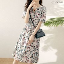 퀸이즈 머러 플라워 허리 스트링 반팔 원피스
