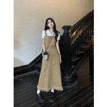 멜빵 빈티지 프린지 포켓 데님 스트랩 A라인 롱 원피스 카키 S M L