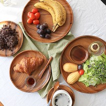 아카시아 나무 원형 접시 우드 그릇 캠핑 카페 디저트 원목 플레이트