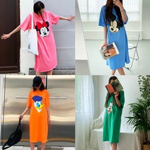 당일배송 디즈니 캐릭터패치 비비드컬러 박시오버핏 반팔롱원피스 캐주얼 데일리룩 홈웨어 잠옷