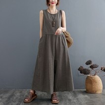 여성 여름 빅사이즈 린넨 멜빵바지 와이드 점프수트 체크무늬 치마바지