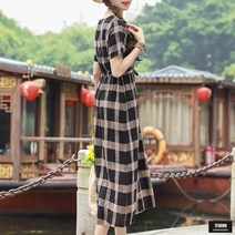가바바 여성 원피스 린넨 매력만점 체크 패턴 허리 스트링 롱원피스 G49666