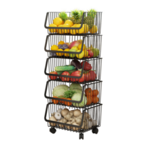 꿀물리빙 이동식 바퀴 주방정리선반 베란다 과일 야채보관선반 스토커 만능 주방수납바구니, 2단, 블랙