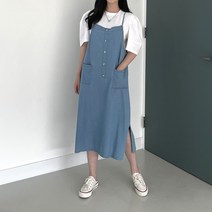 [행복여] 또륵 단추 포켓 끈 조절 썸머 데님 청 멜빵 뷔스티에 원피스