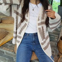 상상그이상 여성용 보헤미안 에스닉 간절기 가디건 도톰한 니트소재 빅사이즈 오버핏 아우터 밑단끈 포인트 기하학 패턴 힙한 빈티지 롱가디건