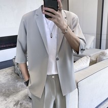PyoPor 연한 컬러의 세련된 커팅 소매 블레이저 여름 얇은 미디엄 남성 투피스 정장