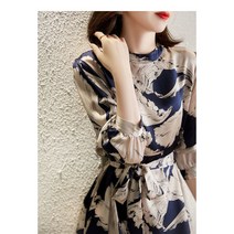 차이나 카라 빅 플라워 패턴 긴팔 미디 원피스 여성 봄 러블리룩 미디 드레스