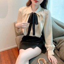 긴팔 보우 타이 블라우스 스티치 프렌치 시크 탑 새틴 셔츠 여성용 봄 드레스