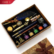 One Leaf Ark 유럽 깃털 펜 잉크 세트 영국 복고풍 딥 깃털 펜, 0.5mm, A골드 막대 블루 깃털6병 잉크