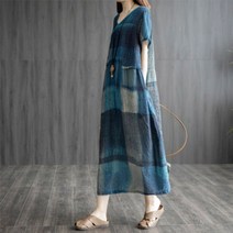 중년여성원피스 나염 체크 브이넥 에스닉 포켓 면마 롱 원피스
