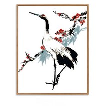 MINJING DIY그림그리기 물감 + 붓 세트 동물 수묵화 화이트 두루미 꽃 식물 매화 명화그리기 유화그리기 취미생활 생일선물 인테리어 소품 (액자 포함 )nbngbnunj00035, 목색 액자 30x40cm
