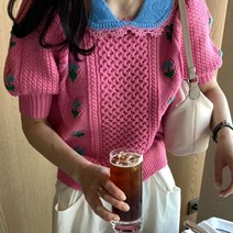 WPUY 여름 빈티지 뽀글뽀글한 인형 칼라 레이스 레이스 마름모 무늬 자카드 오버헤드 반팔 니트녀