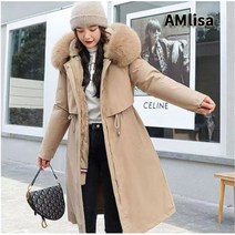 AMlisa 고품격 방한용 날씬한 여성 빅사이즈 기모 롱패딩 겨울 야상 모자 털 풍성한 허리잘록 다운 코트 면복
