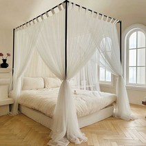 침실 캐노피 침대 커튼 레이스 유럽풍 장식 무드 사각, 화이트+나무결 스탠드(15x20x높이21m)