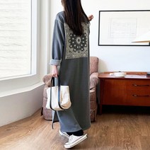 가을 겨울 피그먼트 워싱 면 기모 3단쮸리 밑단 트임 반다나 페이즐리 롱 원피스