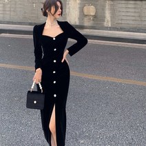 블랙 벨벳 원피스 트임 빈티지 이브닝 드레스 FC5673