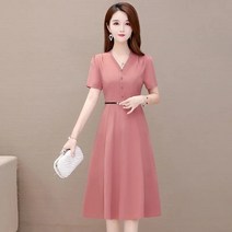 예복원피스 아나운서 빅사이즈 한국 캐주얼 V 넥 짧은 소매 무릎 길이 a 라인 드레스 여성용 플러스 사이