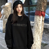 루오코 코튼 블랙 스웨터 여성 학생 패션 봄 가을 겉옷 긴팔 라운드 넥 학생 코트
