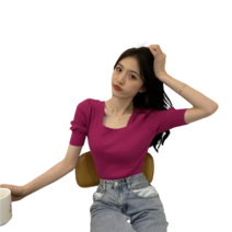 데이홀릭 백리본 벌룬스퀘어넥 반팔니트