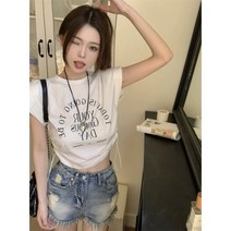 95 면 어깨 패드 미국 스타일 레트로 뜨거운 소녀 인쇄 어깨 패드 여성의 슬림 탑