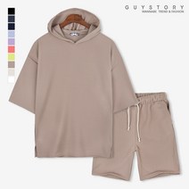 가이스토리 남자 여름 비치 워터 트레이닝 세트 반팔 오버핏 후드티 5부 밴딩 반바지