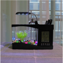 usb 미니 수족관 수족관 수족관 led 데스크 램프 빛 lcd 디스플레이 화면 시계 물고기 탱크 수족관 생태계 빛, 검은 색