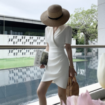 고든 클래식 튤립 라인 퍼프소매 카라넥 셔링 여성 반팔 미니 원피스