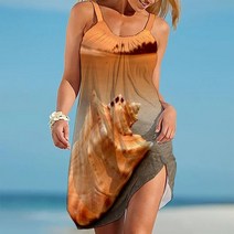 휴양지원피스 리조트룩패션 드레스 3d 비치 쉘 프린트 홀리데이 비치웨어 스퀘어 넥 민소매 홀터 하와이안