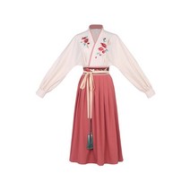봄여름 핑크 Hanfu 여자의 중간 치마 한 옷 소녀 긴 소매 한복 현대 두 조각 세트 전통 드레스 빈티지
