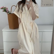 플립럽 무지 심플 셔츠 허리끈 주름 여성 빅사이즈 임부 단아한 롱 원피스