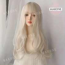 Makone 상표등록 협력사 백금발 긴 생머리 여자 가발 컷트 헤어 여성 전체가발, 백금발 × 1개