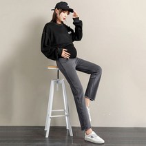 넓은 다리 스트레이트 데님 출산 청바지 봄 가을 배꼽 바지 임신 여성을 위한 옷
