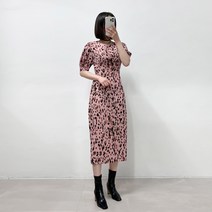 핑크 레오파드 호피 볼륨 퍼프 소매 반팔 미디 원피스