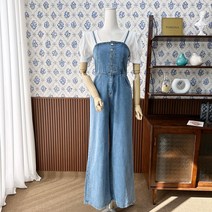 요시아나 [당일발송] 록사 데님 끈나시 멜빵 와이드 팬츠 점프수트