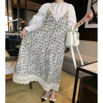 2color 레이스 프릴 플라워패턴 루즈핏 스트랩 원피스 롱뷔스티에 어깨끈 레이어드 호피