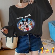 1+1 여성 오버핏 라운드넥 티셔츠 데일리 박시티 자외선차단 티셔츠 이너 기본핏 롱티