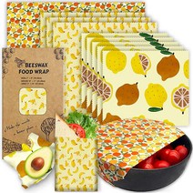 재사용 가능한 밀랍 랩 - 식품용 친환경 밀랍 랩 9팩 유기농 지속 가능 생분해성 폐기물 없음 플라스틱 프리 식품 보관 1L 딸기 3M 오렌지 5S 레몬 패턴, 9 Pack(1 Orange 3 Banana 5 L