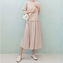 안클로젯 루즈핏 맨투맨 레이어드 쉬폰플리츠 주름 스커트 롱원피스 77가능 4컬러