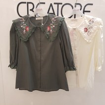 끄레아또레 레이스 자수카라 귀여운 셔츠 블라우스