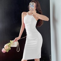 6404 목걸이 진주 끈나시 슬립 슬림 쭈글이원피스 여름 허리보정 힙랩 트임 롱 타입