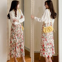 마렌 쉬폰 플라워 주름 밴딩 스커트 플리츠 여름 치마 꽃무늬 나염 롱 꽃치마 핑크 로즈 시폰 얇은 화려한 베이지 밴드 미디 잔꽃 프린트 A라인
