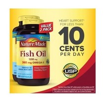 Nature Made 2병 피시오일 Fish Oil 1200 mg 200 소프트젤, 0.9kg, 400 Softgels