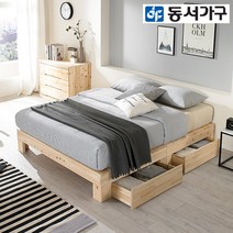 동서가구 순수 히노끼 무헤드 편백나무 100% 프레임 2서랍 수납침대 퀸 Q+9존독립 매트리스 DF642792, 내추럴