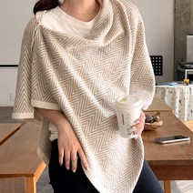 헤링본 니트 어깨 숄 머플러 금장 버튼 울 숄 목도리 삼각 판초 망토 케이프 무릎 담요